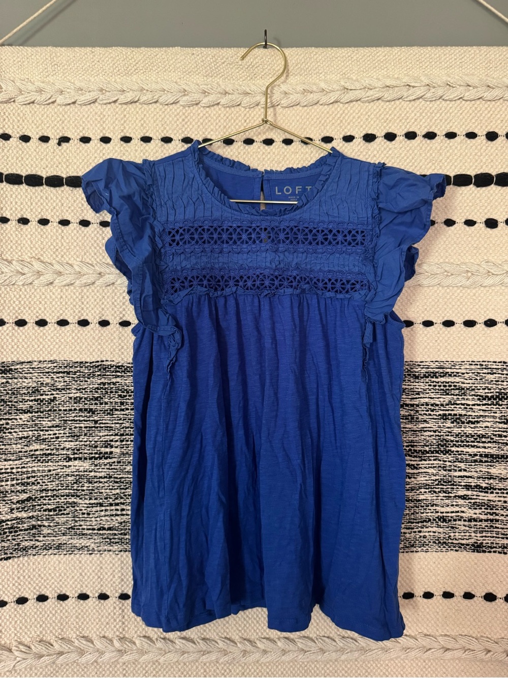 LOFT Blue Ruffle Sleeve Crochet Yoke Top